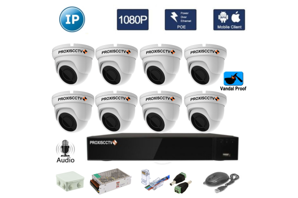 Комплект для видеонаблюдения -  8 антивандальных всепогодных FullHD 1080P IP - камер 2Mpx 