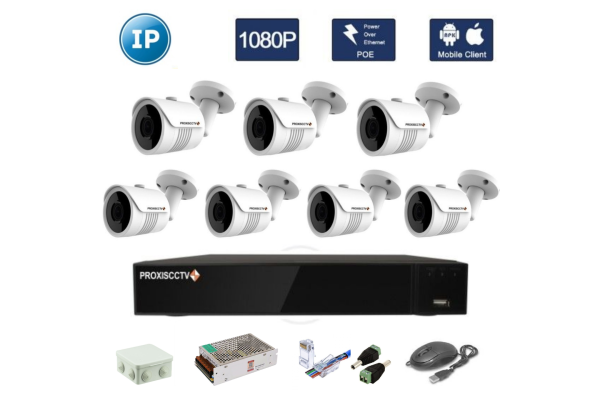 Комплект для видеонаблюдения -  7 уличных IP камер FullHD1080P/2Mpx  