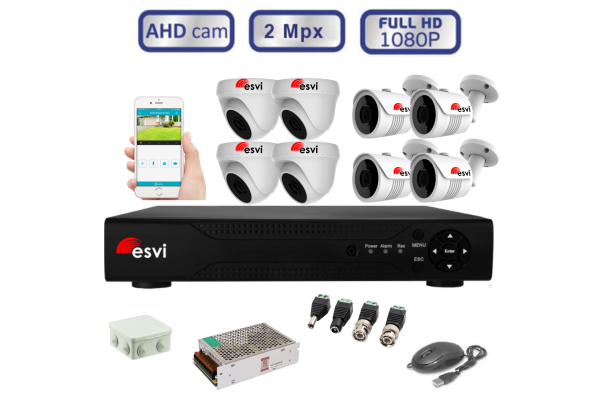 Комплект видеонаблюдения - 4 цилиндрических и 4 купольных AHD камеры FullHD 1080P/2Mpx  