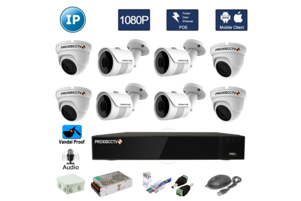 Комплект видеонаблюдения через интернет на 4 цилиндрических и 4 купольных антивандальных IP камер FullHD 1080P/2Mpx  