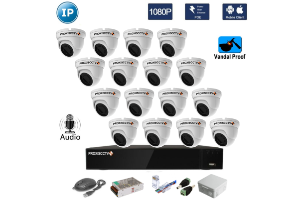 Комплект видеонаблюдения на 16 антивандальных всепогодных IP камер 2Mpx (FullHD/1080P)