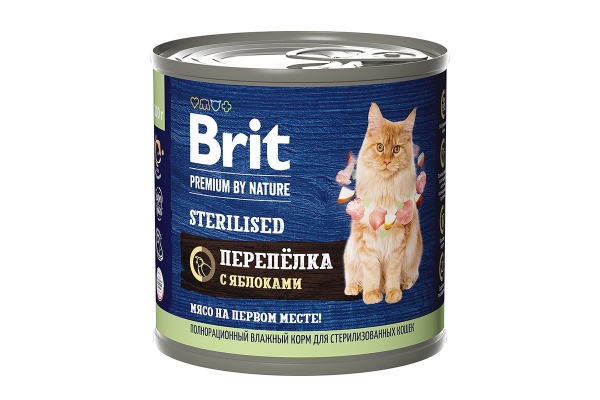 Брит Premium by Nature консервы с мясом перепёлки и яблоками д/стерилизованных кошек 