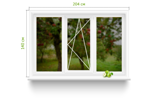Трехстворчатое окно ПВХ 204*140 ( профиль KBE 58)