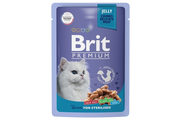 Брит Premium Пауч для взрослых стерилизованных кошек перепелка в желе 