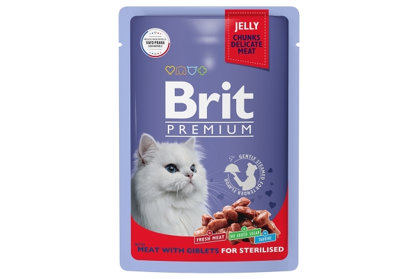 Брит Premium Пауч для взрослых стерилизованных кошек мясное ассорти с потрошками в желе 