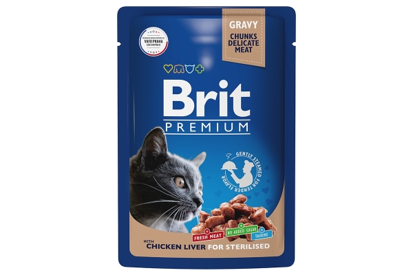 Брит Premium Пауч для взрослых стерилизованных кошек куриная печень в соусе
