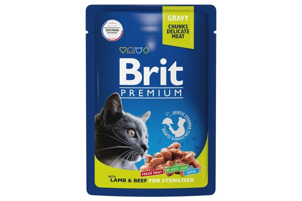 Брит Premium Пауч для взрослых стерилизованных кошек ягненок и говядина в соусе