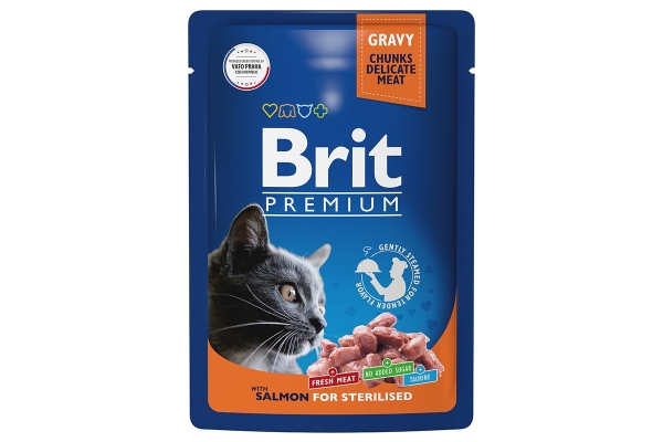 Брит Premium Пауч для взрослых стерилизованных кошек лосось в соусе 